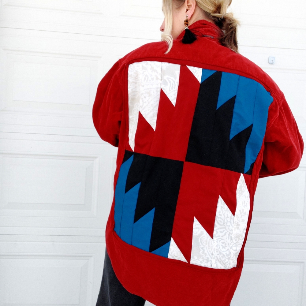 Upcycled Timberland Red and Blue Aztec Patchwork Shirt